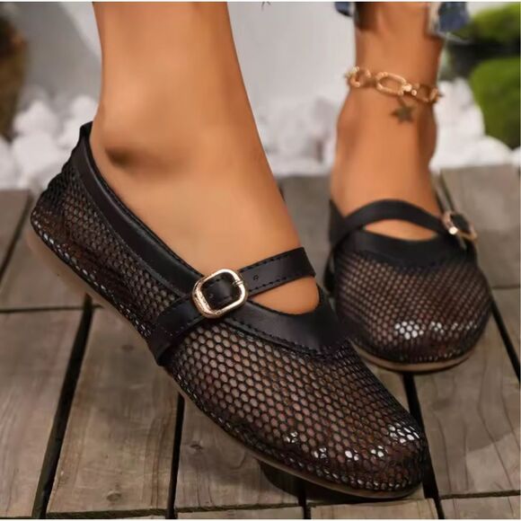 Women’s Black Mesh Mary Jane Flats Buckle Straps - Picture 1 of 13